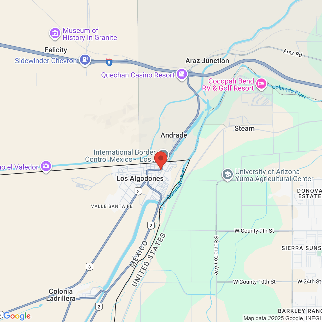 Google map image of our location in B AVE. & 2ND ST. SUITE 3,4 , PLAZA MEXTLAN Vicente Guerrero, B.C.